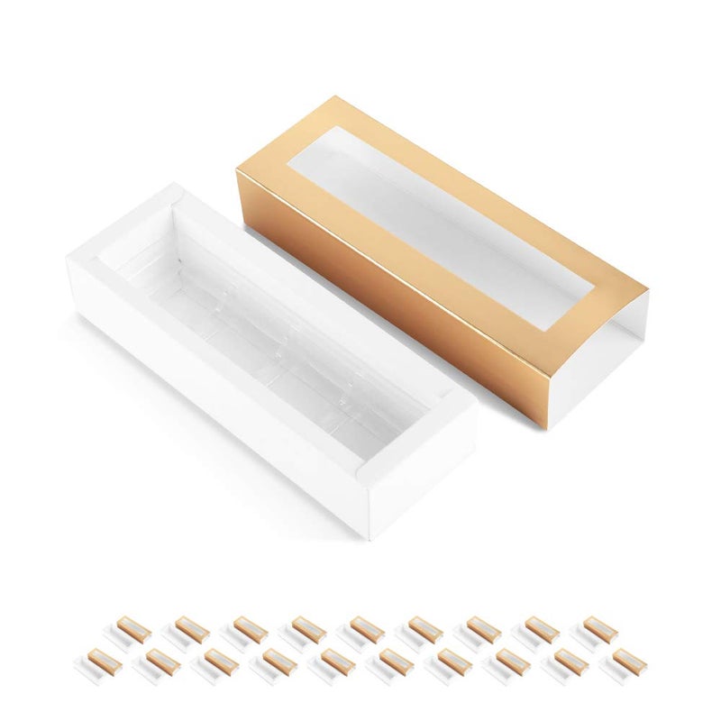 BAKIPACK 20 Truffle Boxes, Chocolate Boxes, Candy Boxes Packaging with 4-Piece Plastics Tray (Tray Size with 5.75x1.25 Inches), Pull Out Packing with Clear Window Sleeves, Gold - Image 1
